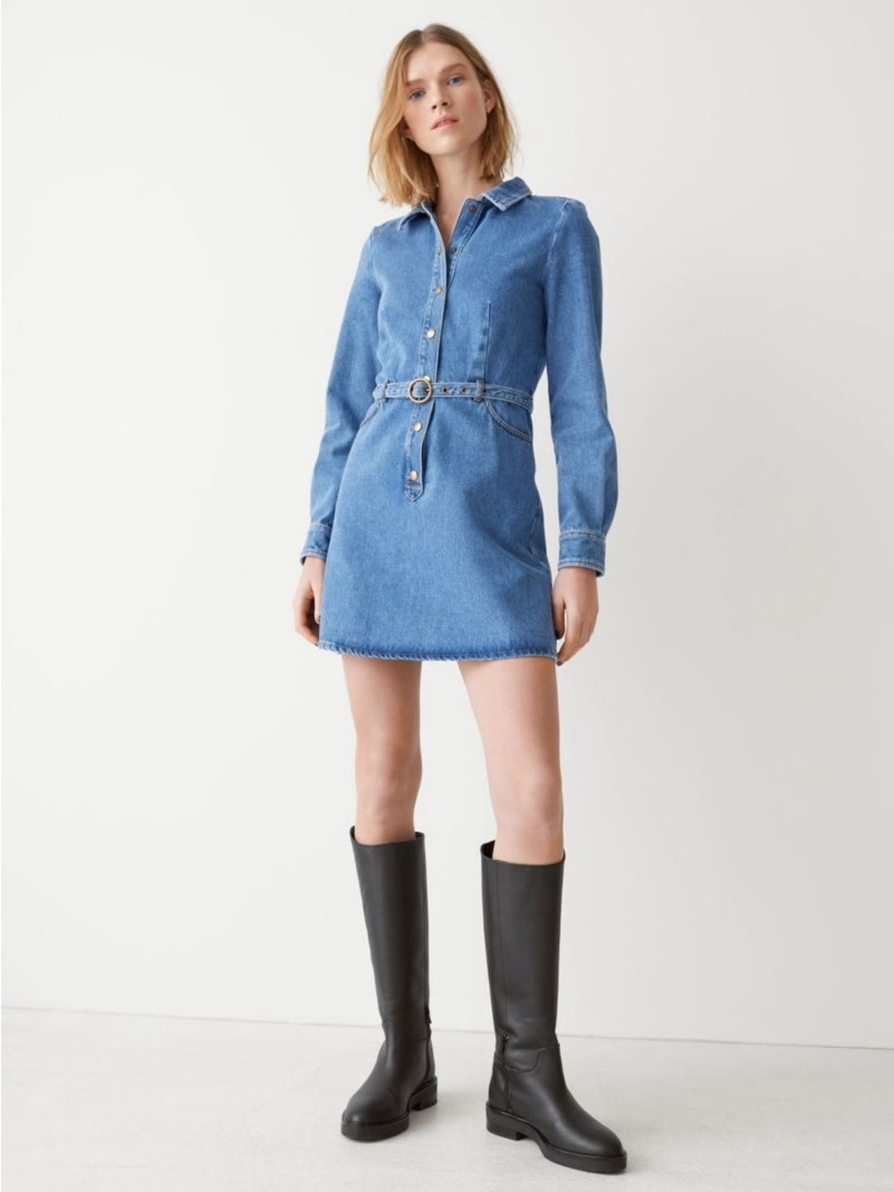& Other Stories Belted Denim Mini Dress Blue Size 8 NWT